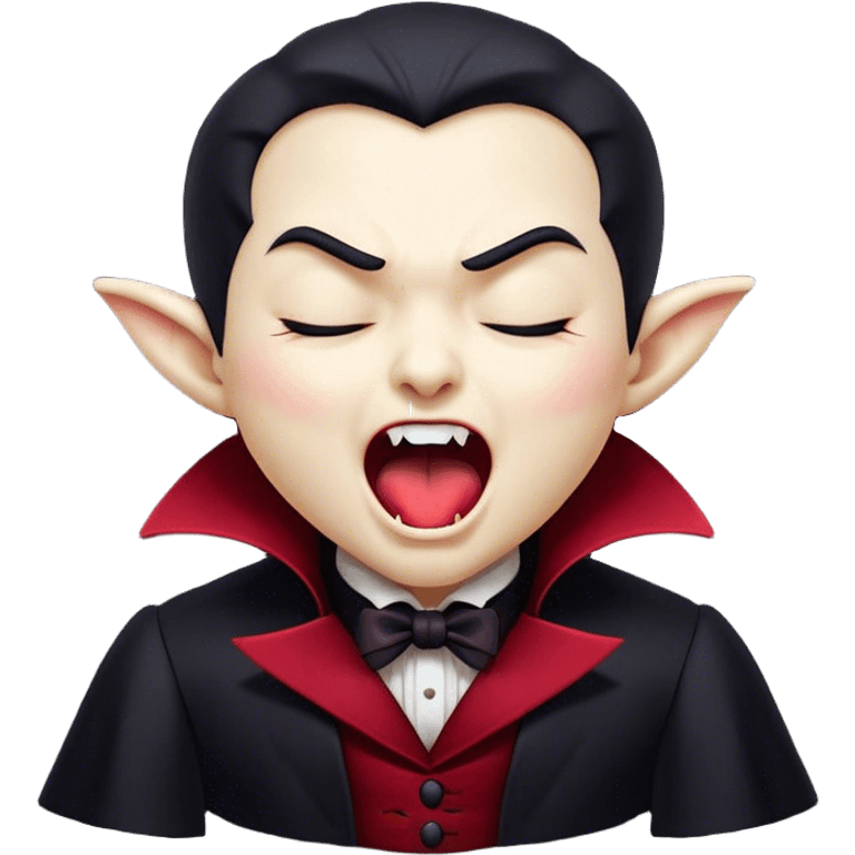 Cinematic Cute Yawning Vampire Portrait Emoji, with a small, rounded, charming pale face accented with tiny playful fangs and droopy, half-closed eyes, head tilted in an adorable wide yawn, dressed in miniature elegant dark attire with a hint of crimson, simplified yet irresistibly endearing, highly detailed with a soft, mysterious glow and gentle outline that captures the cute, drowsy side of an immortal! emoji