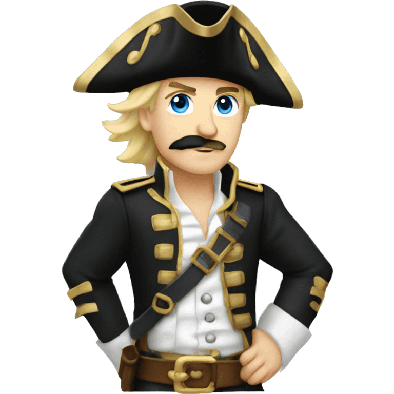 Male pirate black captain hat black sash black moustache blue eyes short blond hair  emoji