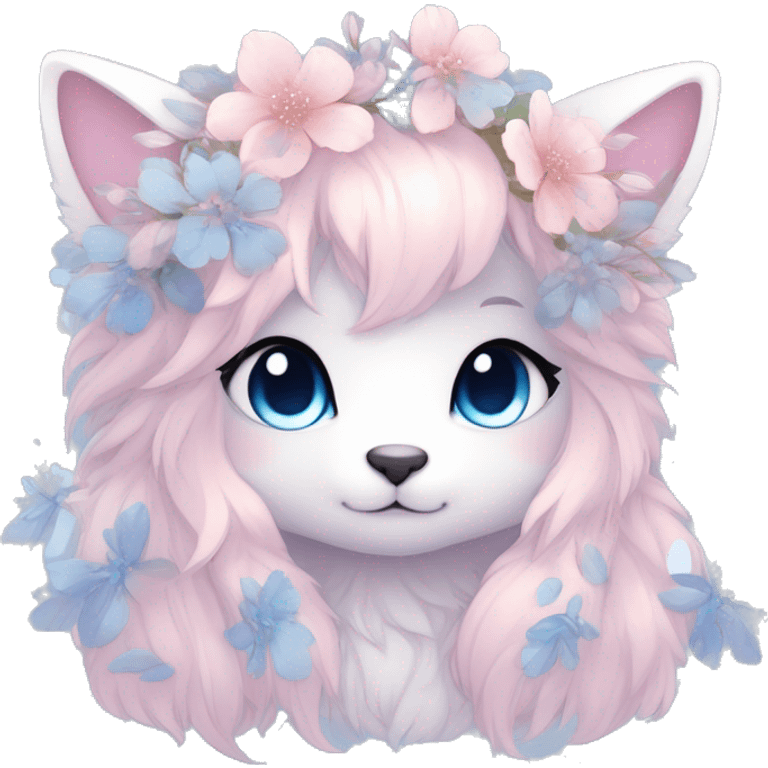 Anthro Cute Cool Blushing Pastel Innocent Shy Kawaii gorgeous sparkly ethereal fantasy anime animal creature with blue eyes furry sona with flowers and ribbons beautiful aesthetic emoji