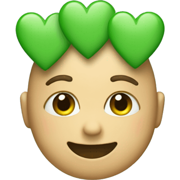 An emoji that looks cute with the left hand on its hand witg three green sage hearts on the head emoji