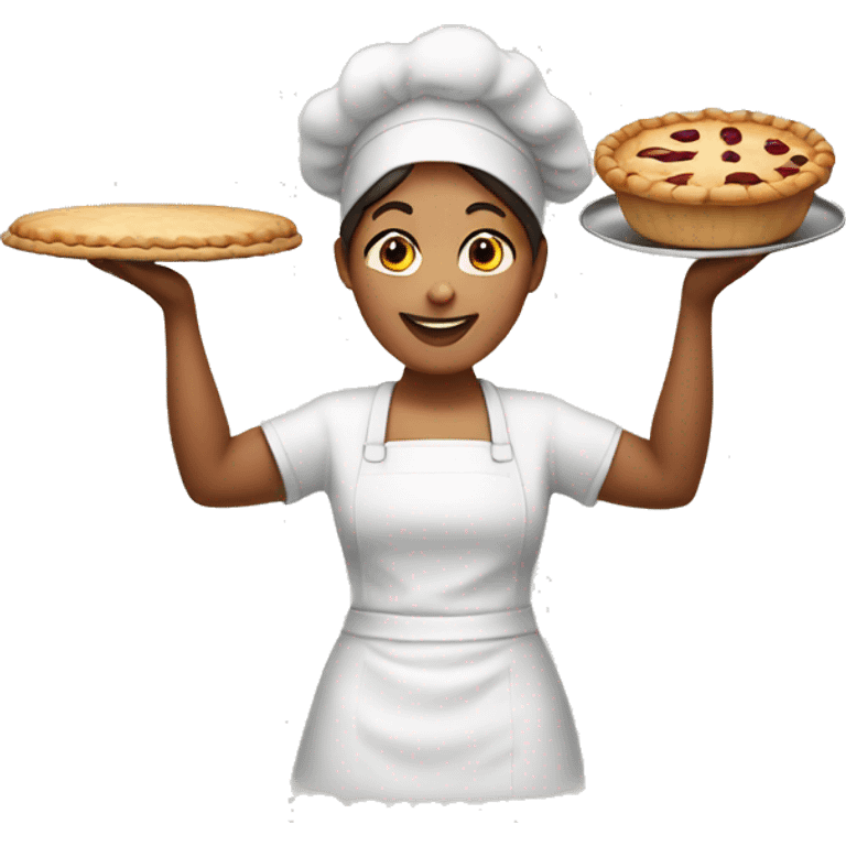 female baker with arms up like holding a pie emoji