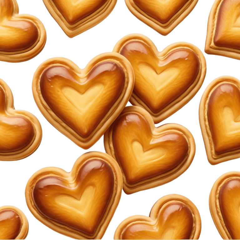 Cinematic crisp palmier, golden-brown heart-shaped pastries, perfectly caramelized layers, delicate and flaky, warm glowing background, inviting and delicious. emoji