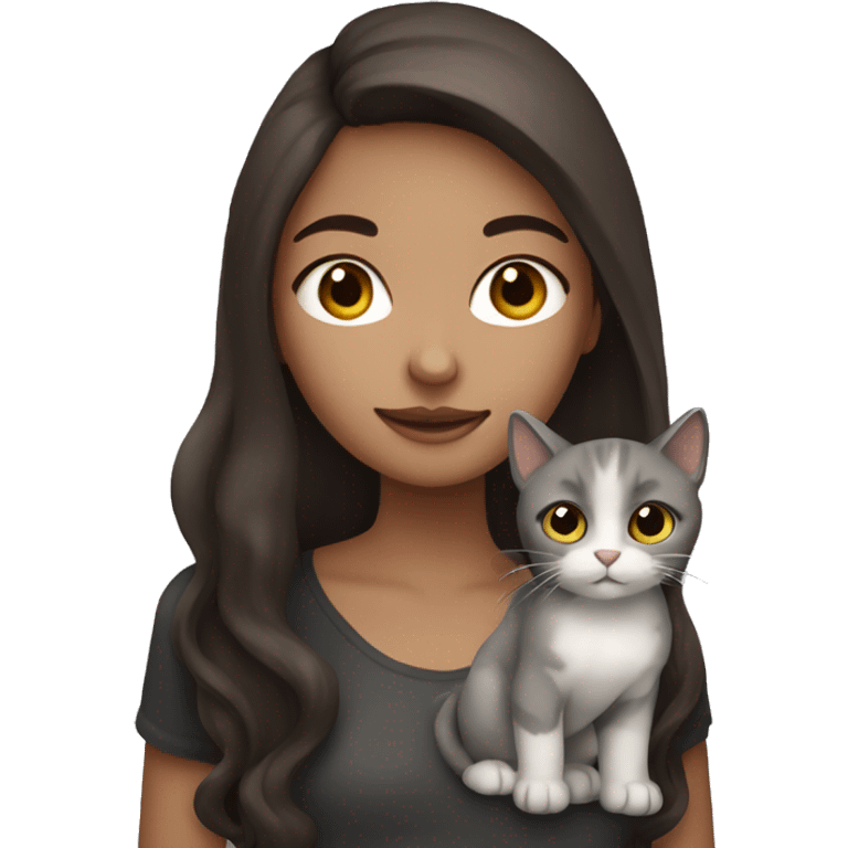 A girl with long brown hair A nd black eyes, holding a a grey cat emoji