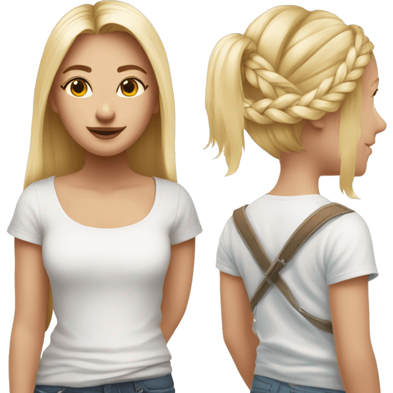 Une fille avec des lunetts roses et un t-shirt blanc un short blanc et une tresse blonde emoji