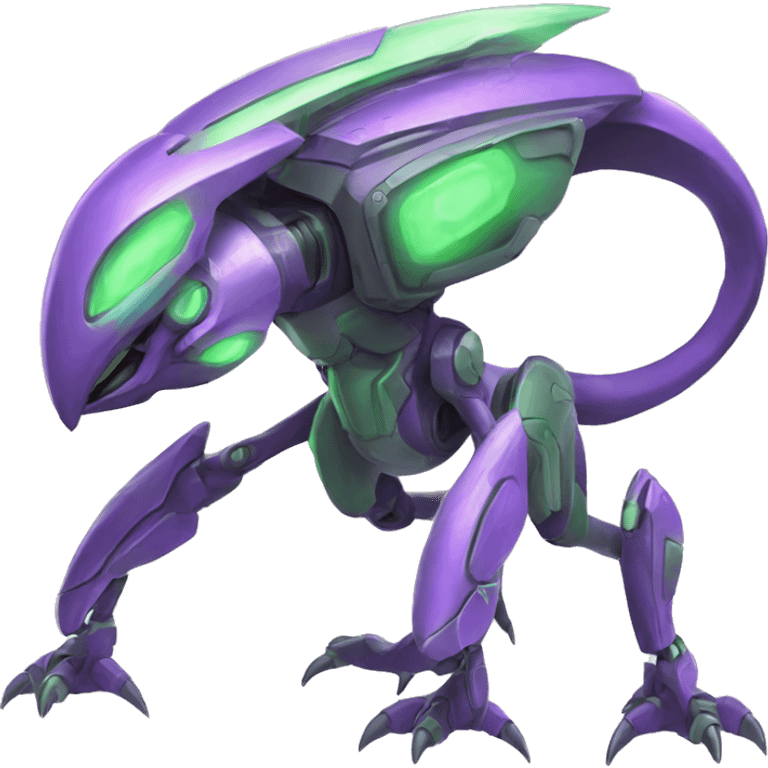 a purple-green Genesect-Raptor-Fakémon—hybrid with a futuristic visor-helmet full body emoji