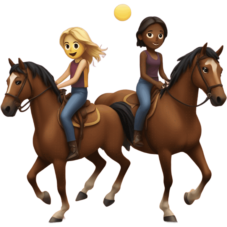 Two girls riding one horse into the sunset  emoji