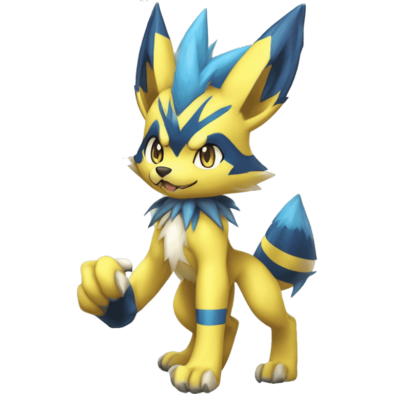 Anthro Edgy Cool Zeraora-Lucario-Werewolf-Jolteon-Pokémon-Fakémon with shiny blue stripes Full Body Detailed High Quality  emoji