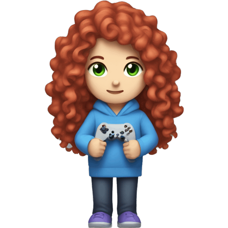 a white girl with long red curly hair, wearing periwinkle Minecraft hoodie holding a controller emoji