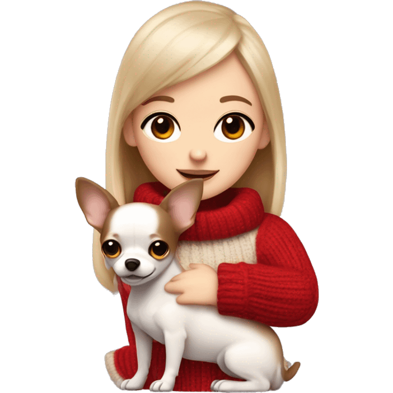 A girl with white skin color with dark brown eyes and brown hair in red sweater and straight bangs hugs white wool Chihuahua emoji