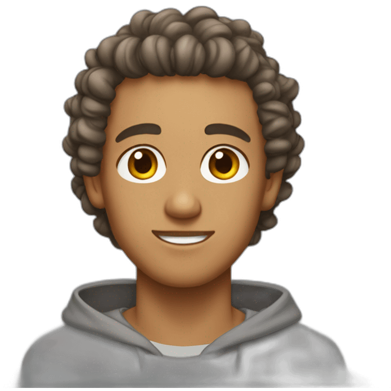 tan guy with brown eyes and a curly manbun in a gray hoodie emoji