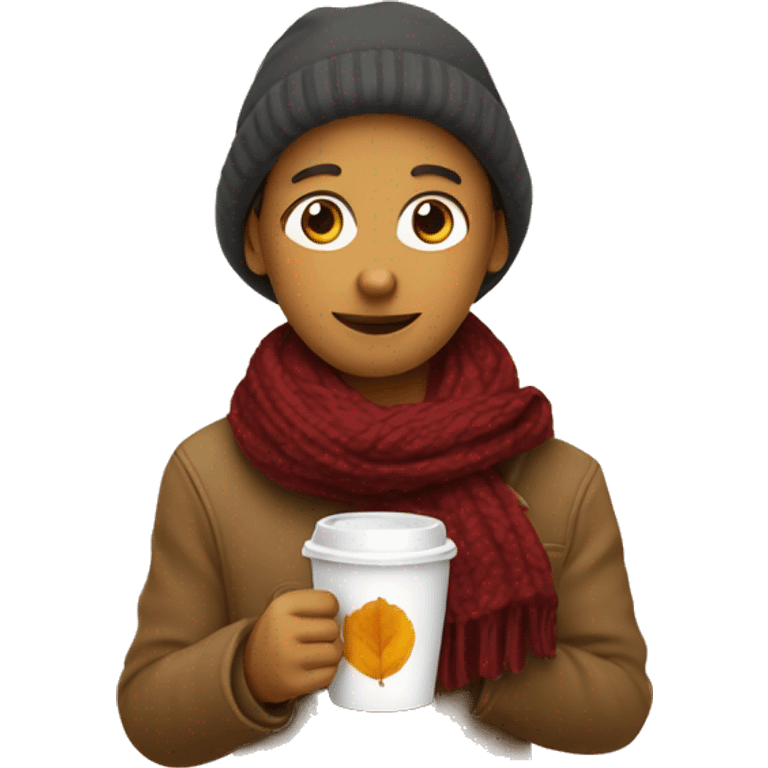 🥹 with scarf holding coffee and fall leaf emoji