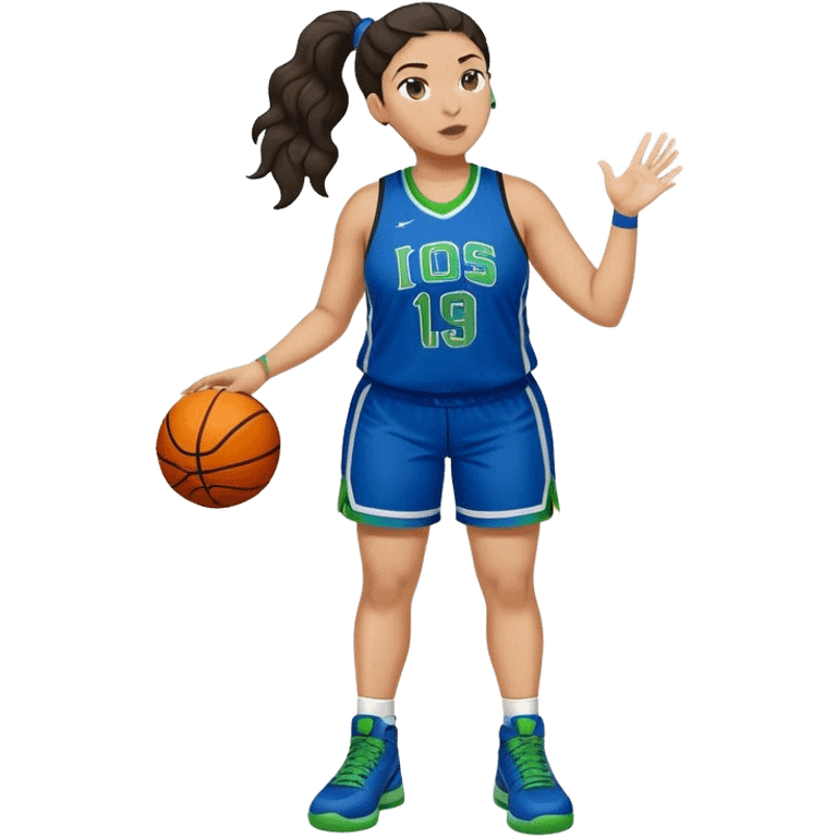 full body plus size light skin  latino women basketball player with wavy dark hair in pony tail wide nose wearing blue uniform with green accent emoji