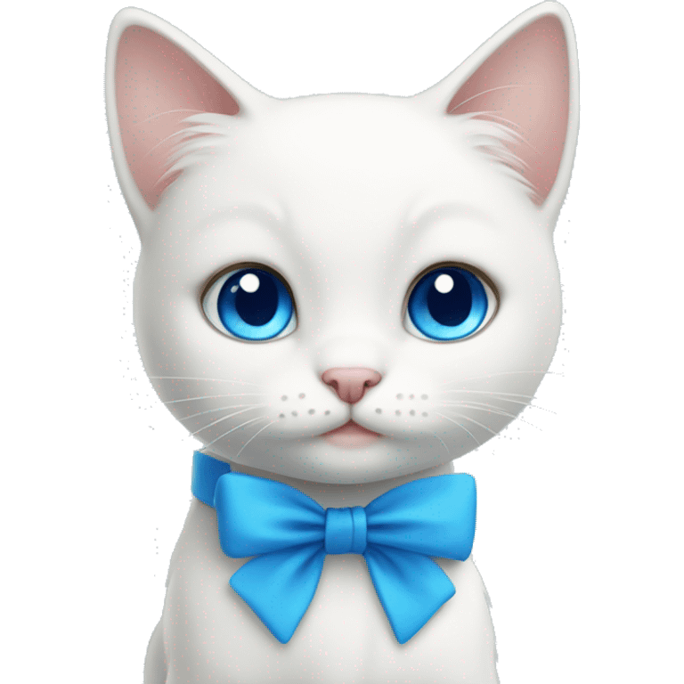 Cute little white cat with blue eyes and blue bow on neck emoji