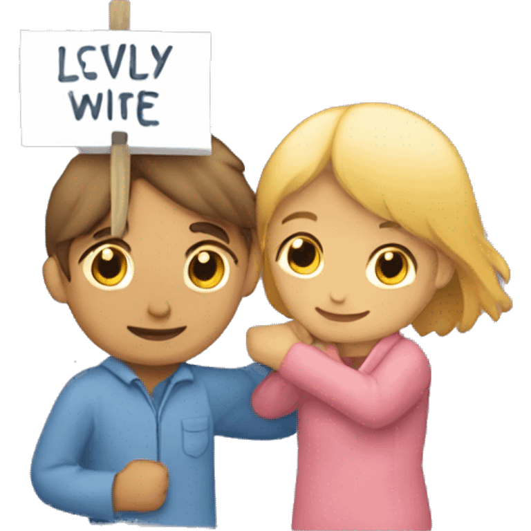 A boy hugging a girl and the girl holding a sign saying lovely wife emoji