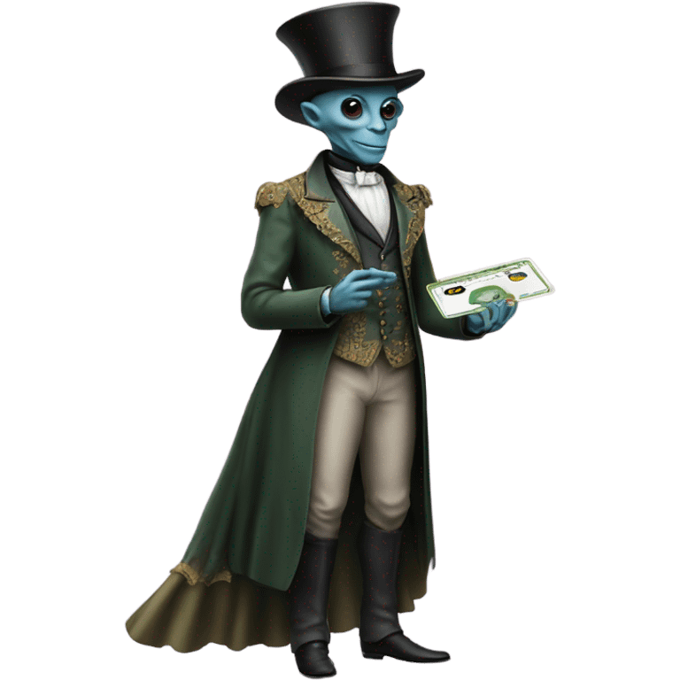 alien galora in Victorian dress elegant, full body, holding big credit card emoji