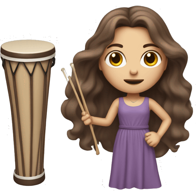 White woman standing with long flowing purple dress and long wavy brown hair holding a small handheld frame drum and a drum beater emoji