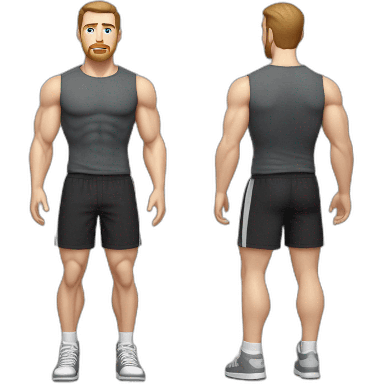 Full height Pale skinned muscular man With Realistic eyes and mouth, light brown hair and stubble In dark gray sleeveless mike, black oversize sports shorts, watch and white sneakers. emoji