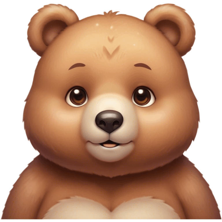 Cinematic cute soft bear, chubby round face, tiny ears, warm fuzzy fur, blushing cheeks, sparkling kind eyes, soft glowing background, heartwarming and huggable. emoji