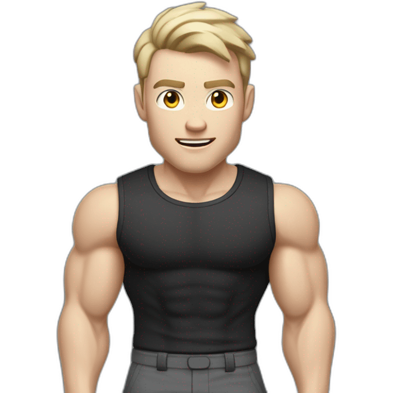 amazed Pale skinned Fit Man With the biceps and dark brown hair in black shirt, gray sports shorts and white Sneakers emoji