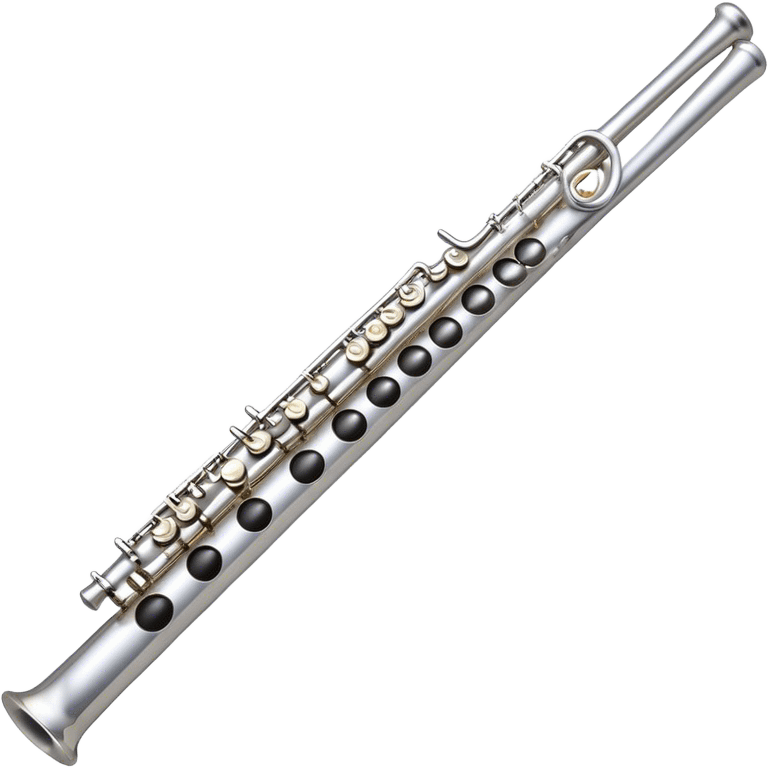 Create an elegant and refined emoji representing a classical silver flute. The design should showcase the sleek, polished silver body of the flute with its keywork and tone holes clearly visible. Highlight the smooth, straight shape of the instrument with subtle light reflections on its metal surface. The keys should be delicately detailed, with their small, round pads visible. Add a slight shine to the flute’s surface to reflect its high-quality craftsmanship. Optionally, include subtle musical notes floating around the flute to evoke its light, melodic sound. The background should be transparent. emoji