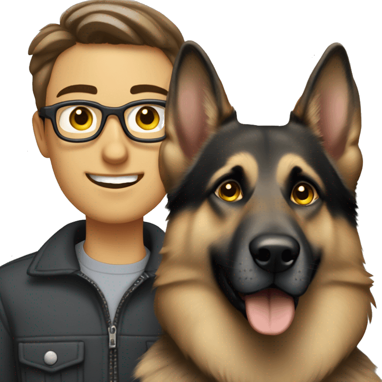 A guy with brown hair, grey eyes, and thin, stylish black glasses, accompanied by a grey German Shepherd (female) with yellow eyes. emoji