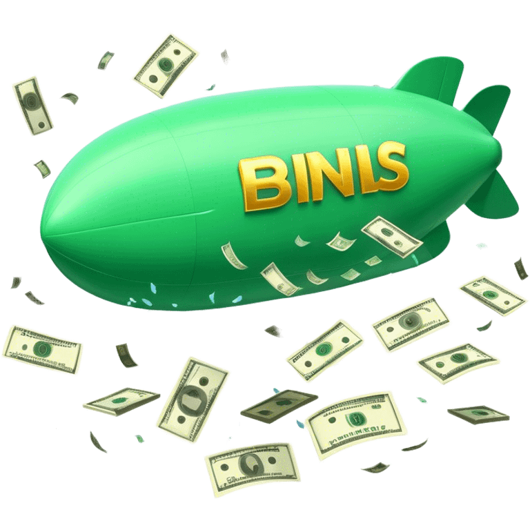 Create a cartoon-style blimp/airship with cash money bursting out from all sides. Money should be raining down dramatically from the blimp, with some bills floating through the air. The style should be vibrant and playful with a slight 3D effect. Include small details like dollar signs and ensure the imagery is clear even at small sizes. emoji