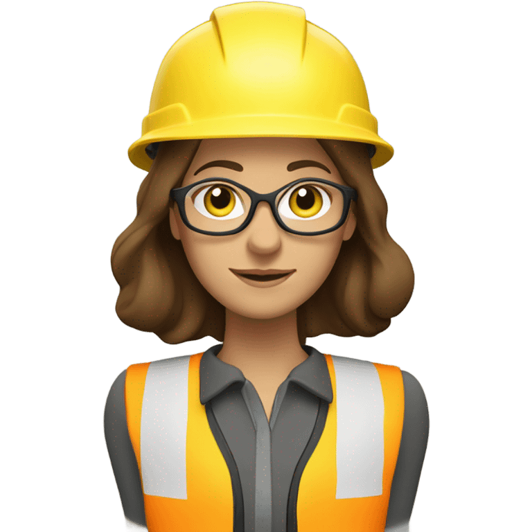 Caucasian woman with brown hair wearing a safety helmet, yellow safety vest, safety glasses and earplugs emoji