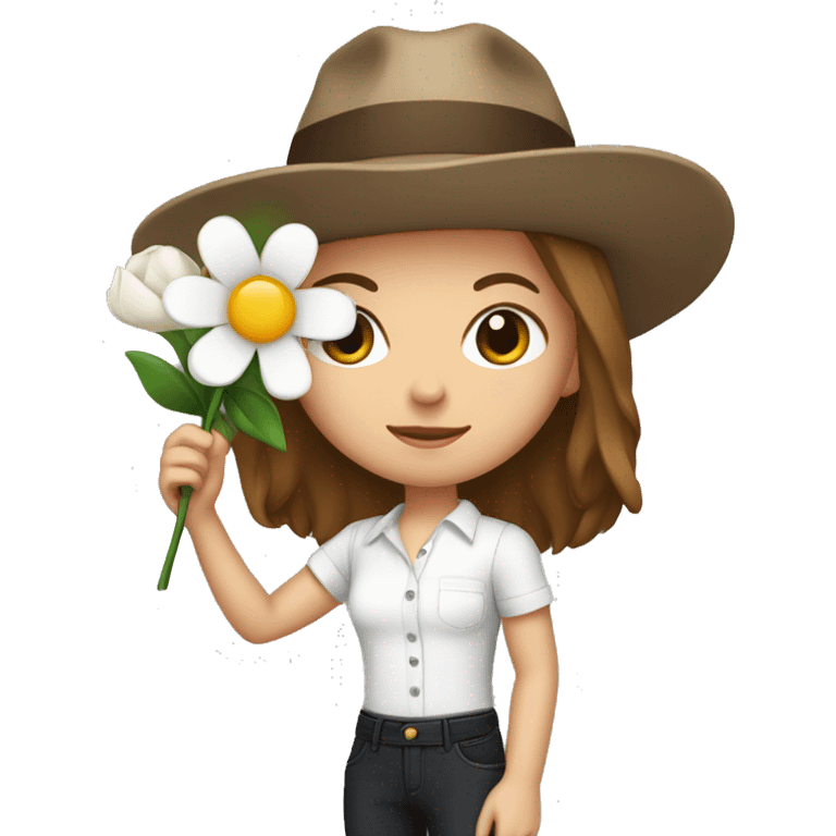 white girl with a flower in her hand, with a hat, shoulder-length brown straight hair, wearing jumpsuit with white shirt in it emoji