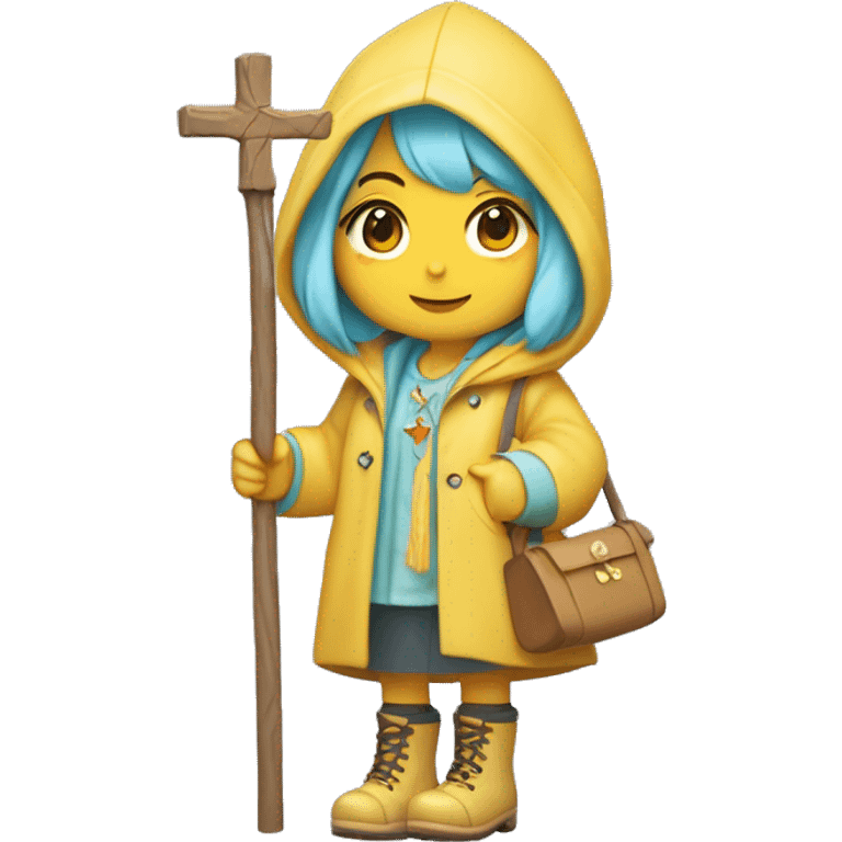 Cute little girl with light blue hair with peach skin, with yellow raincoat hooded with boots holding a wooden staff, with a cross necklace, Sanrio design emoji