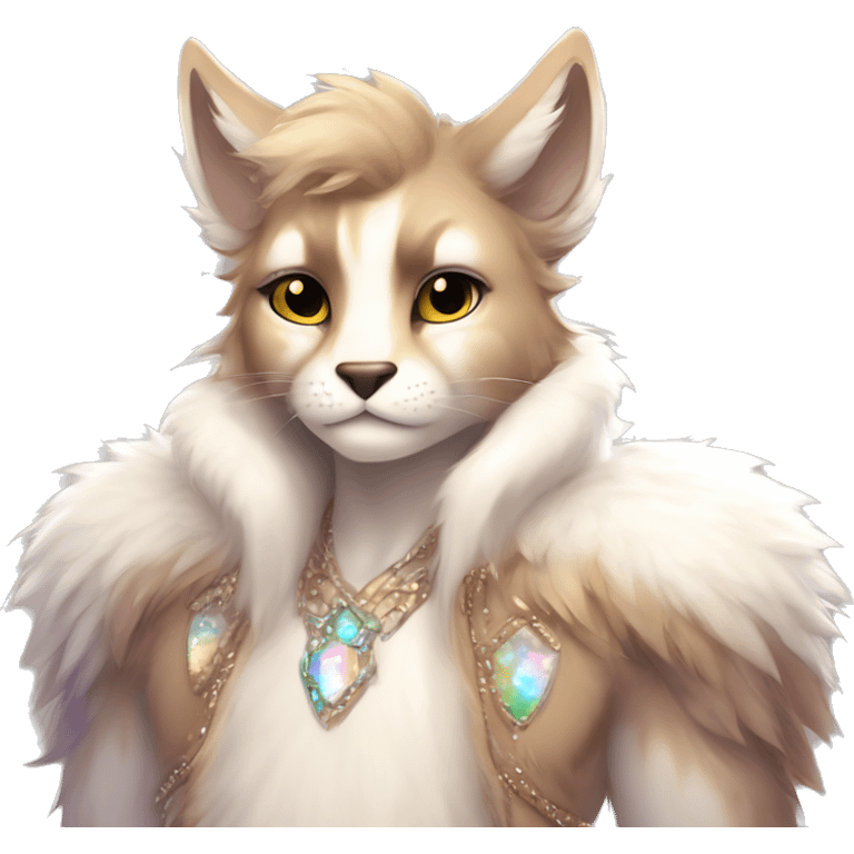 Furry, sparkle, iridescent, colorful, pastel, edgy, cool, fantasy beautiful, brown, beige, white, divine, godly, angelic, animal, anthro, full body, fursona, feline emoji