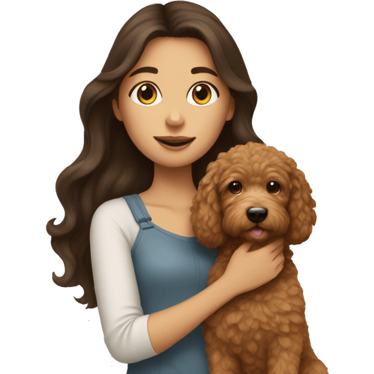 brunette girl holding golden doodle  emoji