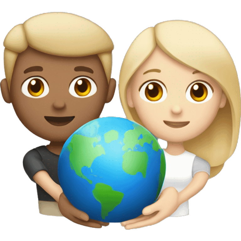 a couple holding a planet in their hands , boy is white with blonde hair and blue eyes, girl is white with dark blonde hair and light brown eyes  emoji