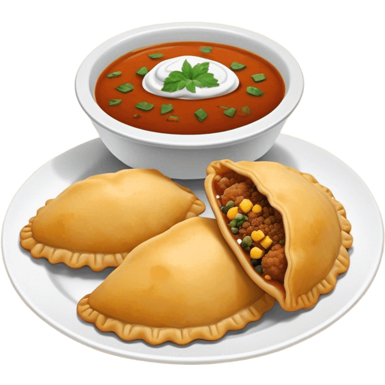 Cinematic Realistic Colombian Cornmeal Empanadas Emoji, showcasing the golden, crispy shell filled with savory meats and spices, served with a side of aji dipping sauce, rendered with vibrant textures and warm, inviting lighting. emoji