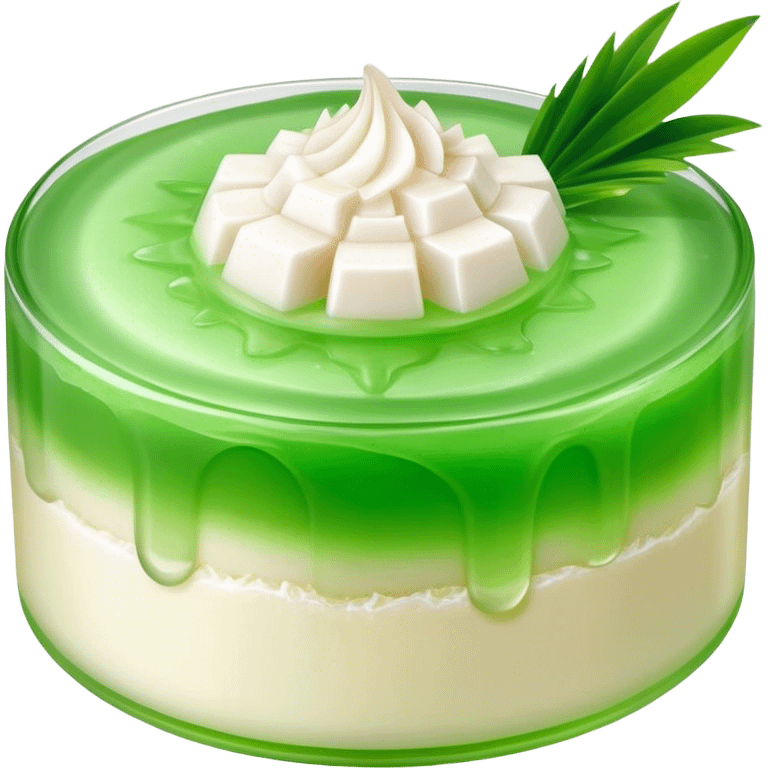 Cinematic Realistic Coconut Pandan Jelly Dessert Emoji, showcasing a delicate, translucent jelly infused with coconut and pandan rendered with lifelike detail and soft, tropical lighting. emoji