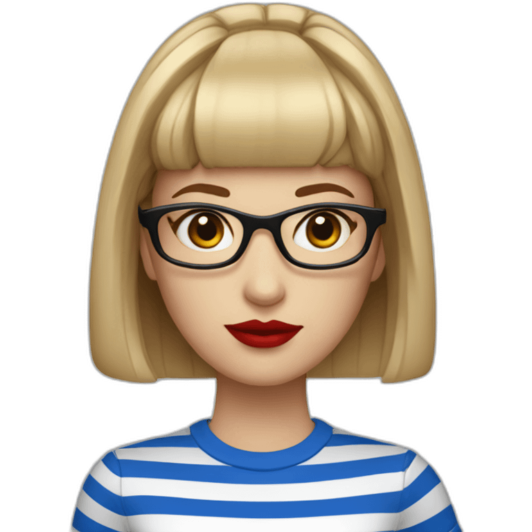 caucasian woman with square black glasses, straight bangs, red lipstick, blue and white striped t shirt emoji