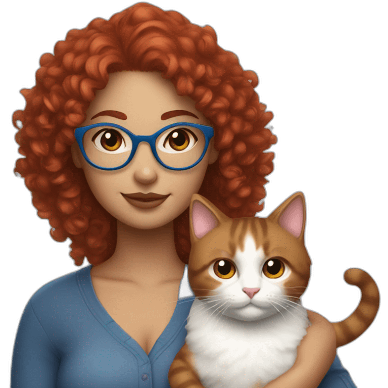 a curvy girl with red curly hair and blue glasses with a white and gray cat in her arms emoji