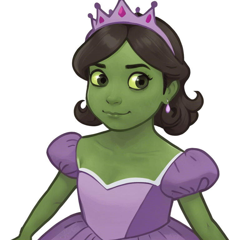 Girl with dark brown hair and green eyes in purple princess dress emoji