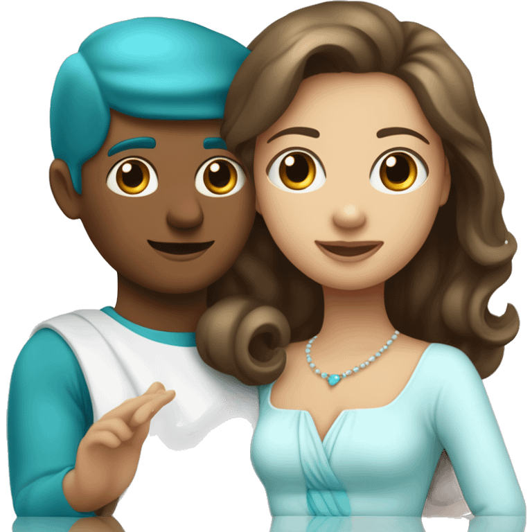 bal avec une fille blanche en robe bleu turquoise et un garçon métisse plus petit que la fille en costards  emoji