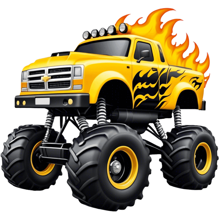 Maximum Destruction - Monster Jam (Model Year: 2021) (Iconic colour: Yellow with black flames) - A ferocious monster truck featuring a vivid yellow base accented by dramatic black flame patterns. Emphasize sharp, high-contrast flame streaks across the body, creating a look of aggressive, explosive energy. emoji