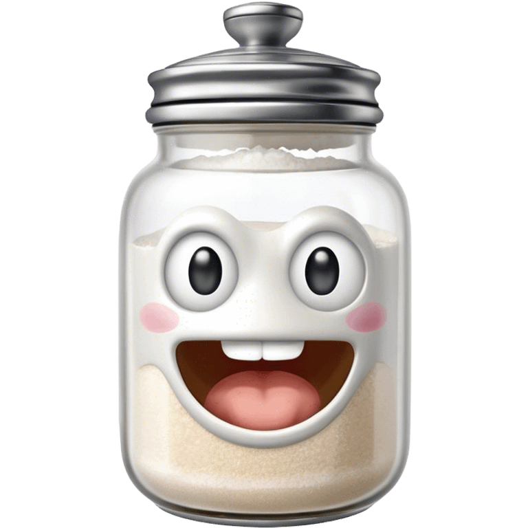 A mischievous anthropomorphic salt jar with transparent glass body and metal lid emoji