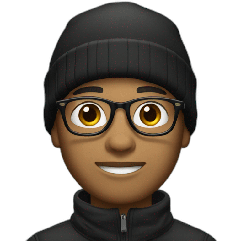 A young man wearing glasses, his skin is very light brown, and he is wearing a black winter hat and a black winter shirt as well emoji