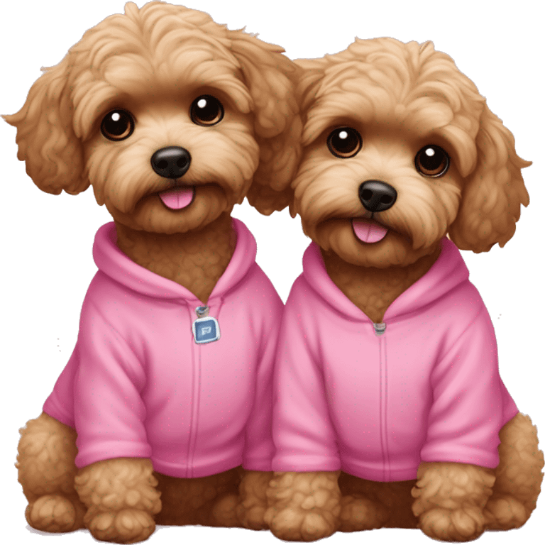 2 brown maltipoo dogs hugging, one wearing a pink sweatshirt and the other wearing a blue sweatshirt emoji