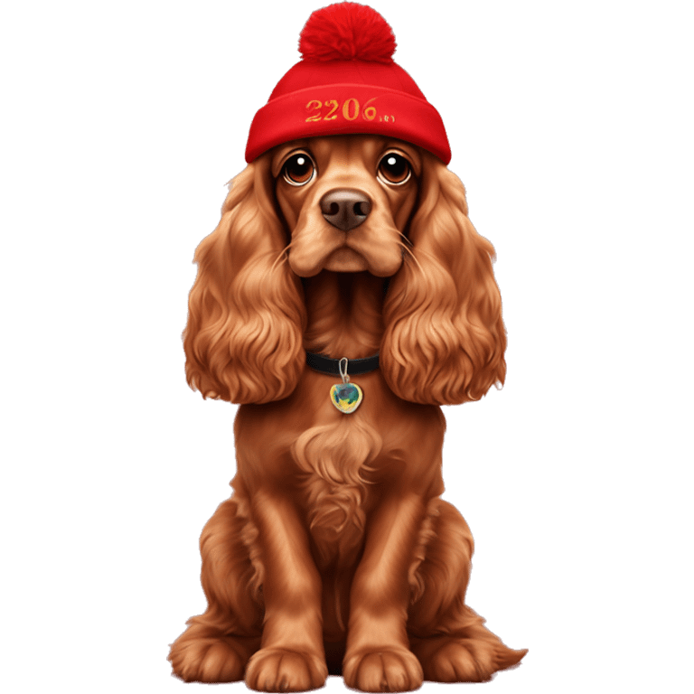 A full-length, adult, red cocker spaniel in a New Year's cap, siting emoji