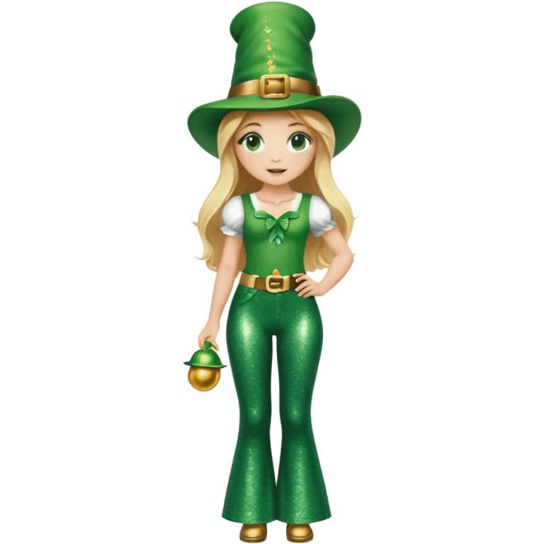 Blonde haired girl in glittery green bell bottoms and tall leprechaun hat emoji