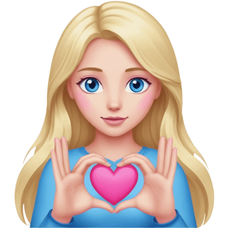 Cinematic realistic blonde with long hair and blue eyes shows her pink heart with her hands emoji