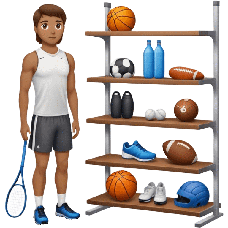 a white person with brown hair standing next to a shelf where sports equipment is placed emoji