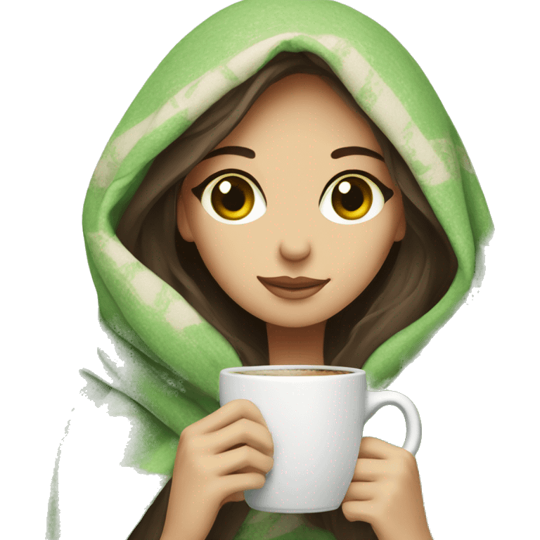 Brunette girl green eyes in blanket with coffee emoji