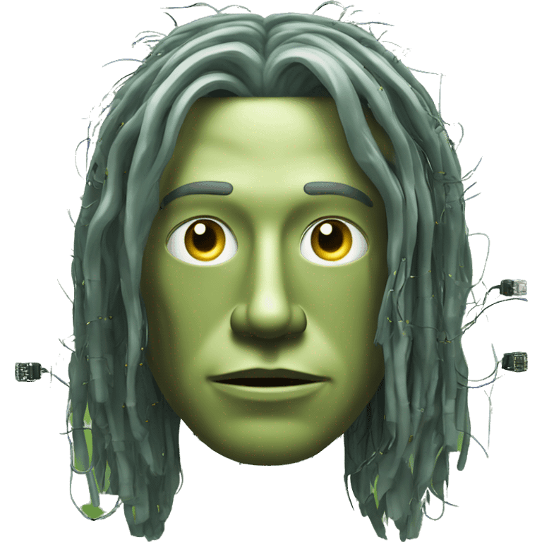 Olive green long hair man cyborg head with circuits emoji