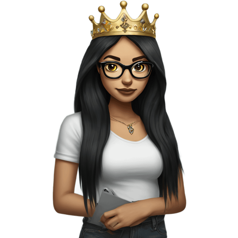 Hyperrealistic girl with black long hair wearing a crown and glasses tattoos laptop emoji