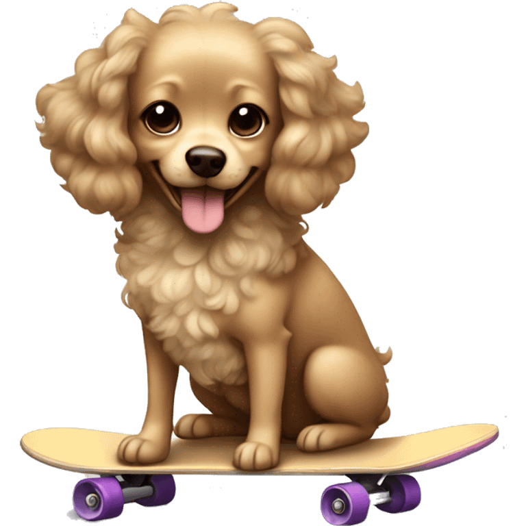 small dog with light tan curly fur, very very long ears down. dark brown eyes, mouth closed. on a skateboard emoji